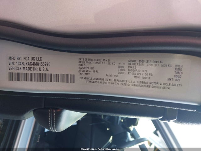 44931161 :رقم المزاد ، 1C4RJKAG4M8155976 vin ، 2021 Jeep Grand Cherokee L Altitude 4x4 مزاد بيع