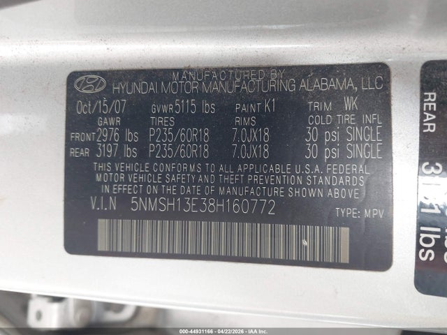 Продаж на аукціоні авто 2008 Hyundai Santa Fe Limited/se, vin: 5NMSH13E38H160772, номер лоту: 44931166