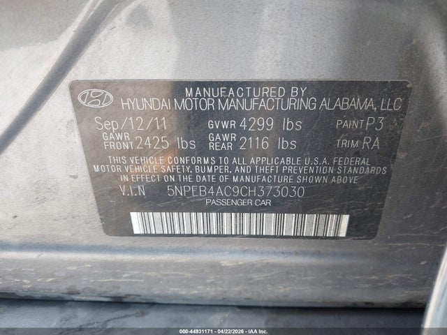 Продаж на аукціоні авто 2012 Hyundai Sonata Gls, vin: 5NPEB4AC9CH373030, номер лоту: 44931171