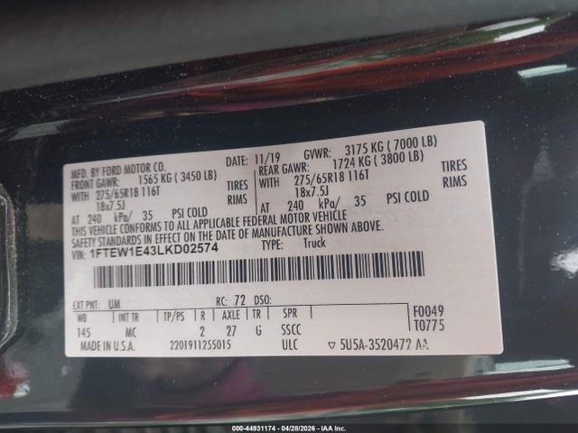 2020 Ford F-150 Xlt მანქანა იყიდება აუქციონზე, vin: 1FTEW1E43LKD02574, აუქციონის ნომერი: 44931174