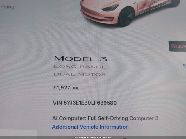 Aukcja sprzedaży 2020 Tesla Model 3 Long Range Dual Motor All-wheel Drive, vin: 5YJ3E1EB9LF639580, numer aukcji: 44931176