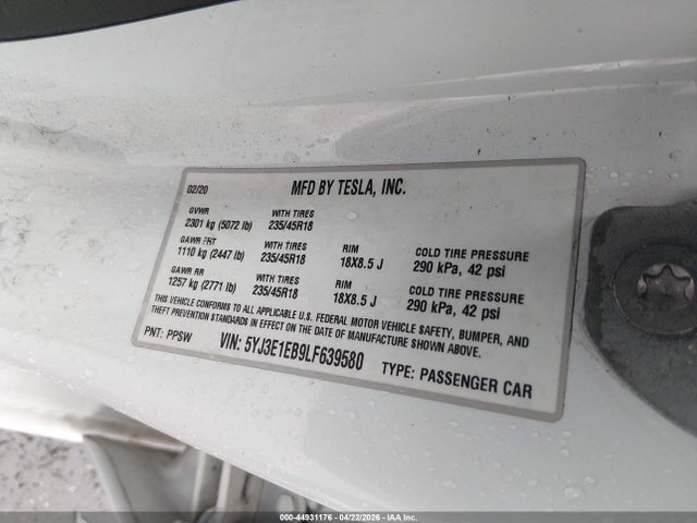 Aukcja sprzedaży 2020 Tesla Model 3 Long Range Dual Motor All-wheel Drive, vin: 5YJ3E1EB9LF639580, numer aukcji: 44931176