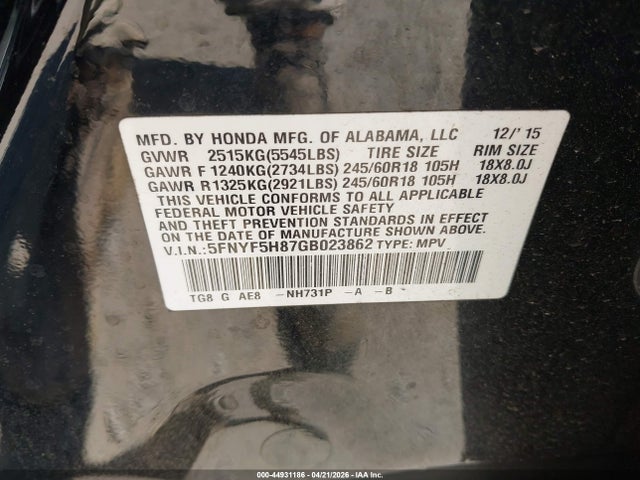 5FNYF5H87GB023862 Honda Pilot Ex-l