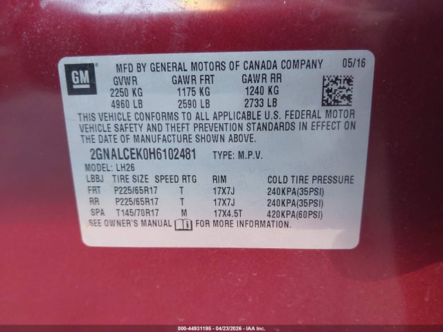 Chevrolet EQUINOX LT 2017 2GNALCEK0H6102481 Image 9