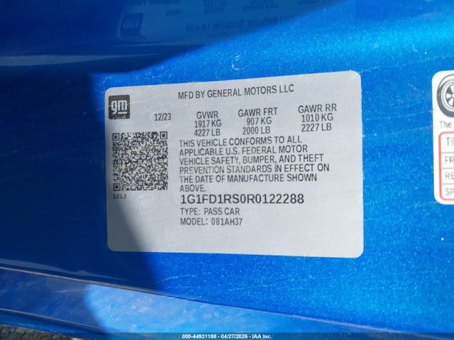Продажа на аукционе авто 2024 Chevrolet Camaro Rwd  2lt, vin: 1G1FD1RS0R0122288, номер лота: 44931198