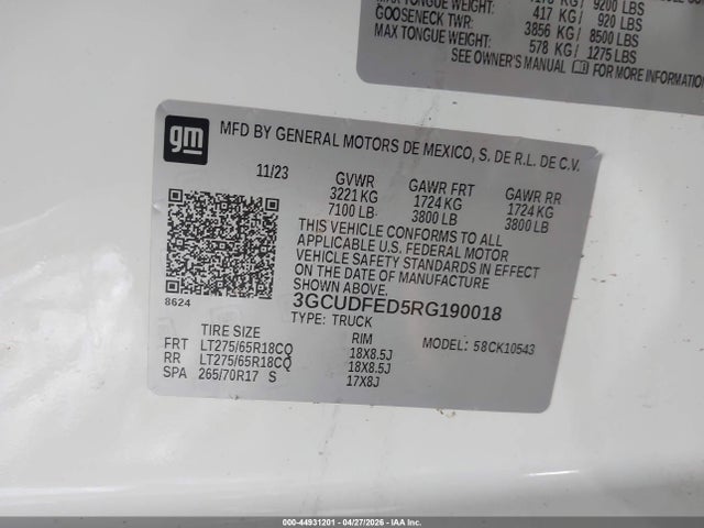 Aukcja sprzedaży 2024 Chevrolet Silverado 1500 4wd  Short Bed Lt Trail Boss, vin: 3GCUDFED5RG190018, numer aukcji: 44931201