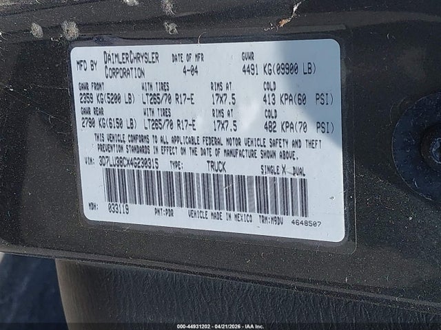 44931202 :رقم المزاد ، 3D7LU38CX4G230315 vin ، 2004 Dodge Ram 3500 Slt/laramie مزاد بيع