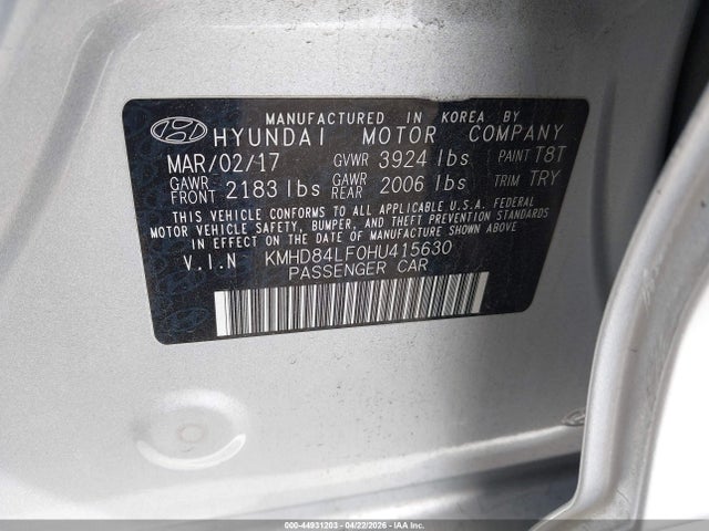 KMHD84LF0HU415630 Hyundai Elantra Value Edition