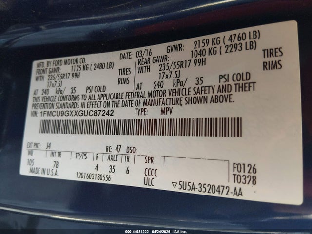 Продаж на аукціоні авто 2016 Ford Escape Se, vin: 1FMCU9GXXGUC87242, номер лоту: 44931222