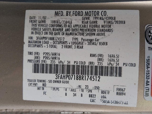 2008 Ford Fusion Se მანქანა იყიდება აუქციონზე, vin: 3FAHP07188R174512, აუქციონის ნომერი: 44931227