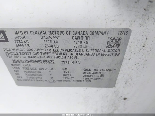 Продажа на аукционе авто 2017 Chevrolet Equinox Lt, vin: 2GNALCEK5H6256622, номер лота: 44931233