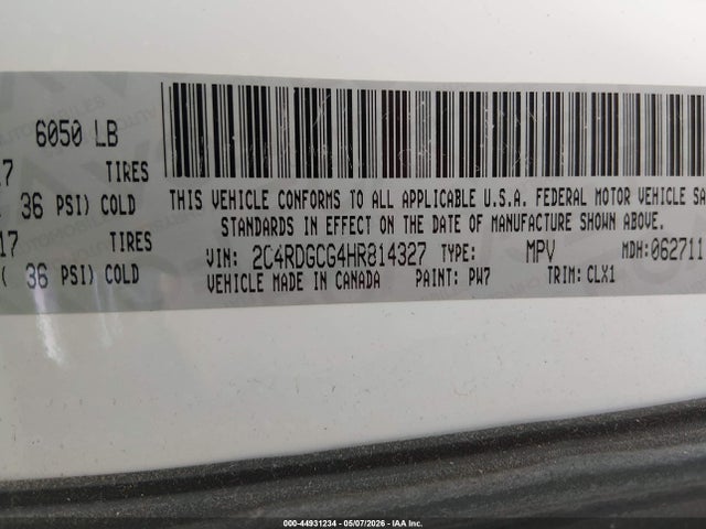 Продаж на аукціоні авто 2017 Dodge Grand Caravan Sxt, vin: 2C4RDGCG4HR814327, номер лоту: 44931234