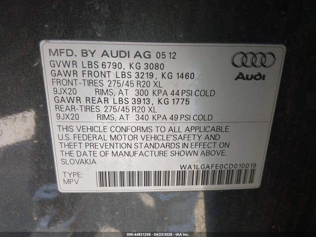 2012 Audi Q7 3.0t Premium მანქანა იყიდება აუქციონზე, vin: WA1LGAFE0CD010018, აუქციონის ნომერი: 44931249