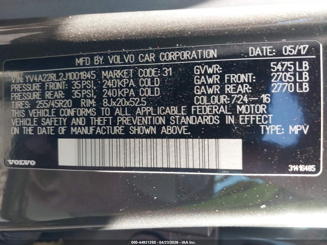 Aukcja sprzedaży 2018 Volvo Xc60 T6 Inscription, vin: YV4A22RL2J1001845, numer aukcji: 44931250