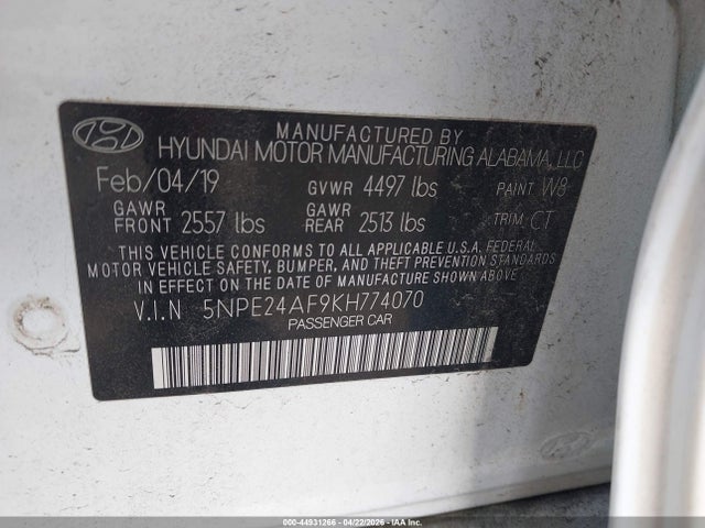 Продаж на аукціоні авто 2019 Hyundai Sonata Se, vin: 5NPE24AF9KH774070, номер лоту: 44931266