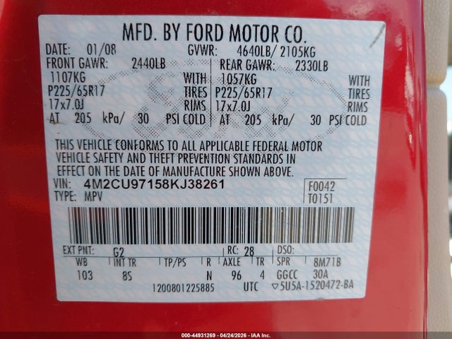 2008 Mercury Mariner Premier მანქანა იყიდება აუქციონზე, vin: 4M2CU97158KJ38261, აუქციონის ნომერი: 44931269