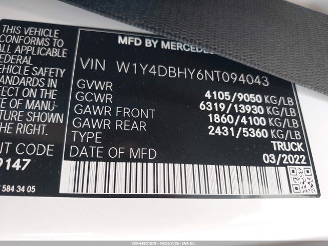 44931279 :رقم المزاد ، W1Y4DBHY6NT094043 vin ، 2022 Mercedes-benz Sprinter 2500 Standard Roof I4 Diesel مزاد بيع