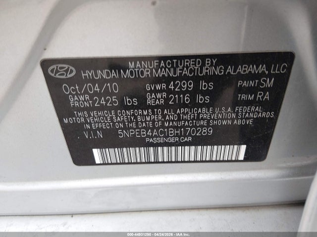 Aukcja sprzedaży 2011 Hyundai Sonata Gls, vin: 5NPEB4AC1BH170289, numer aukcji: 44931290