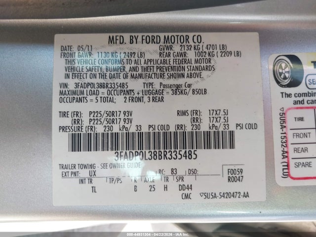 44931304 :رقم المزاد ، 3FADP0L38BR335485 vin ، 2011 Ford Fusion Hybrid مزاد بيع