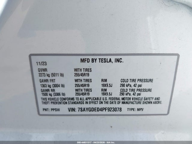 2023 Tesla Model Y Rwd მანქანა იყიდება აუქციონზე, vin: 7SAYGDED4PF923078, აუქციონის ნომერი: 44931317