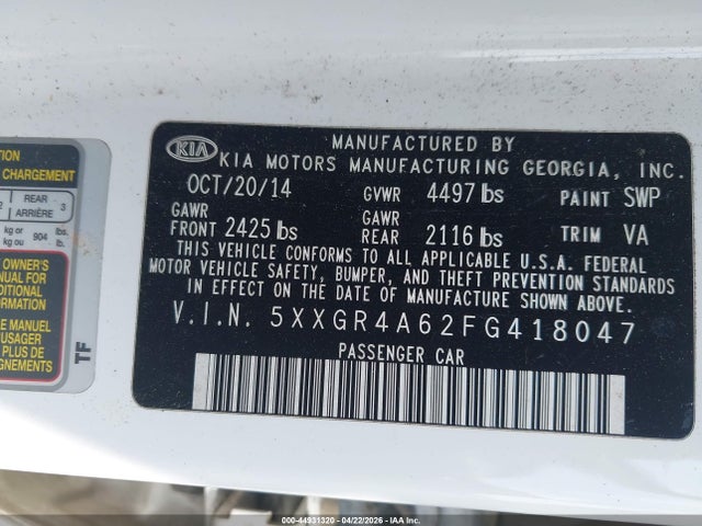 44931320 :رقم المزاد ، 5XXGR4A62FG418047 vin ، 2015 Kia Optima Sxl Turbo مزاد بيع