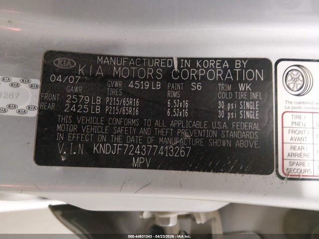 44931343 :رقم المزاد ، KNDJF724377413267 vin ، 2007 Kia Sportage Lx مزاد بيع