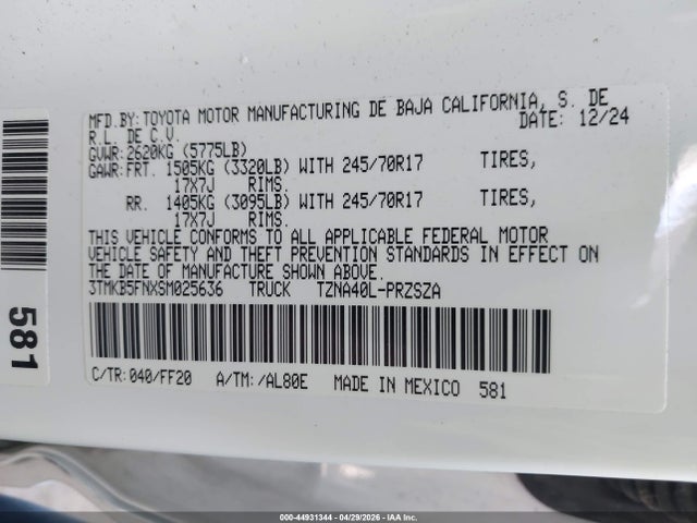 3TMKB5FNXSM025636 Toyota Tacoma Sr5