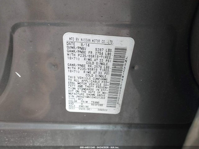 Aukcja sprzedaży 2014 Nissan Murano Sv, vin: JN8AZ1MW1EW531358, numer aukcji: 44931348