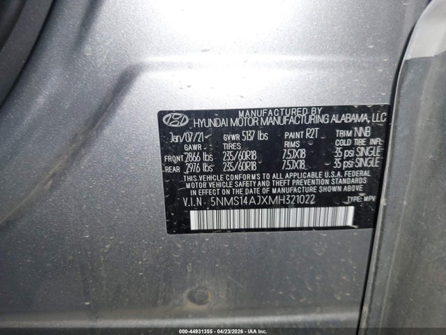 Продажа на аукционе авто 2021 Hyundai Santa Fe Se, vin: 5NMS14AJXMH321022, номер лота: 44931355