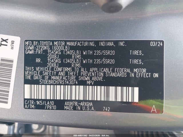 5TDEBRCH7RS143074 Toyota Highlander Hybrid Platinum