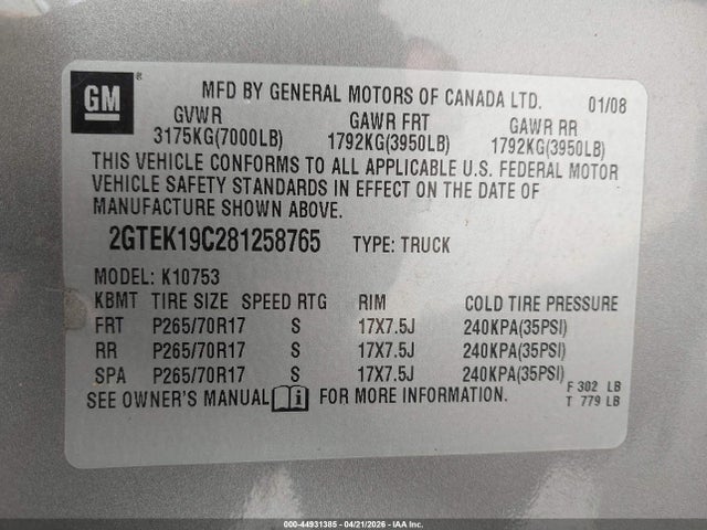 Aukcja sprzedaży 2008 Gmc Sierra 1500 Work Truck, vin: 2GTEK19C281258765, numer aukcji: 44931385