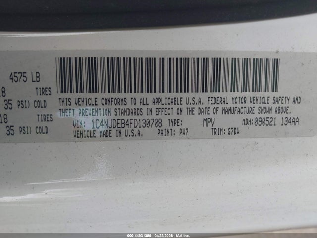 Aukcja sprzedaży 2015 Jeep Compass Latitude, vin: 1C4NJDEB4FD130708, numer aukcji: 44931389