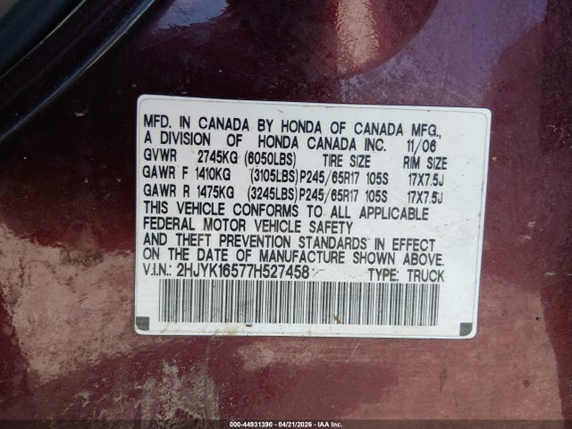 Продажа на аукционе авто 2007 Honda Ridgeline Rtl, vin: 2HJYK16577H527458, номер лота: 44931390