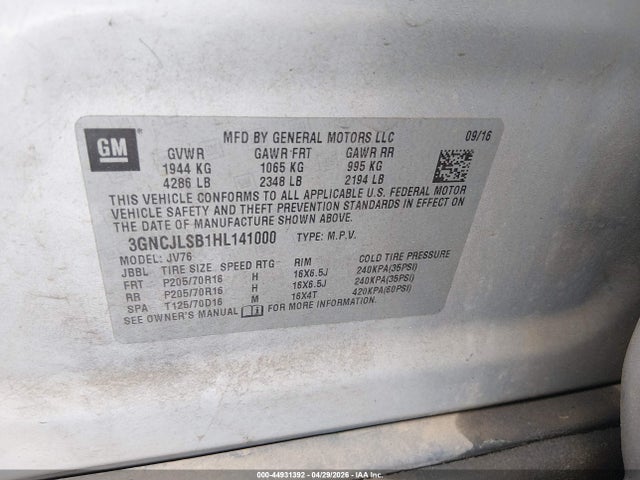 44931392 :رقم المزاد ، 3GNCJLSB1HL141000 vin ، 2017 Chevrolet Trax Lt مزاد بيع