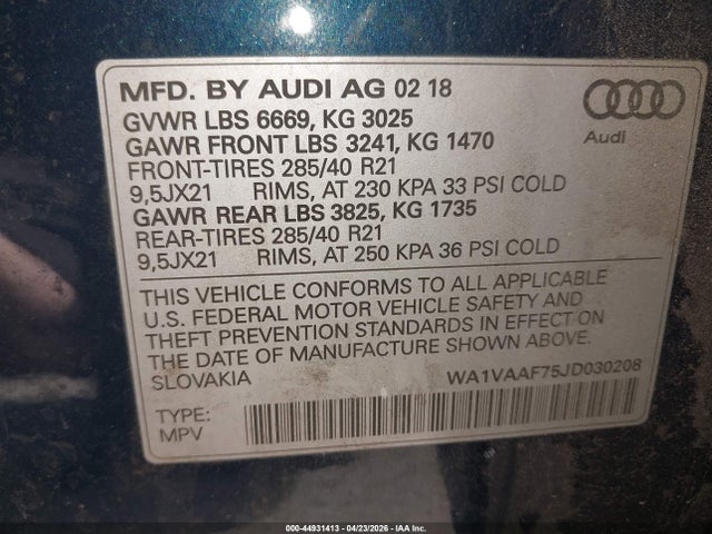 44931413 :رقم المزاد ، WA1VAAF75JD030208 vin ، 2018 Audi Q7 3.0t Premium مزاد بيع
