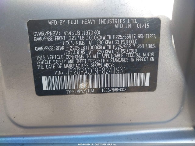 Aukcja sprzedaży 2015 Subaru Xv Crosstrek 2.0i Premium, vin: JF2GPACC9F8241931, numer aukcji: 44931419