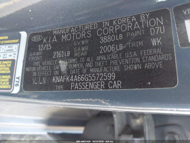 2016 Kia Forte Lx მანქანა იყიდება აუქციონზე, vin: KNAFK4A66G5572599, აუქციონის ნომერი: 44931428