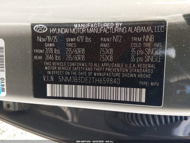 Продажа на аукционе авто 2026 Hyundai Tucson Sel, vin: 5NMJB3DE2TH659840, номер лота: 44931430
