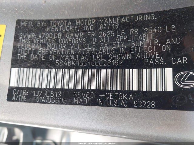 44931436 :رقم المزاد ، 58ABK1GG4GU028192 vin ، 2016 Lexus Es 350 مزاد بيع