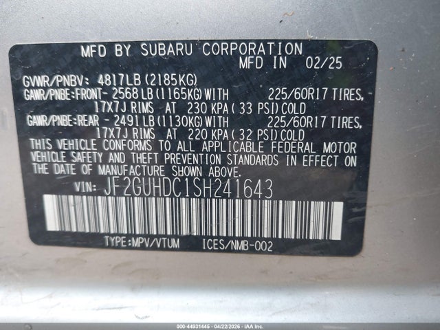 2025 Subaru Crosstrek Premium მანქანა იყიდება აუქციონზე, vin: JF2GUHDC1SH241643, აუქციონის ნომერი: 44931445