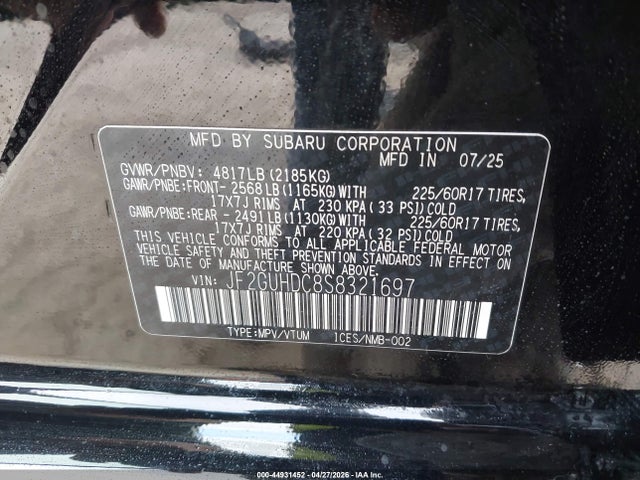 Aukcja sprzedaży 2025 Subaru Crosstrek Premium, vin: JF2GUHDC8S8321697, numer aukcji: 44931452