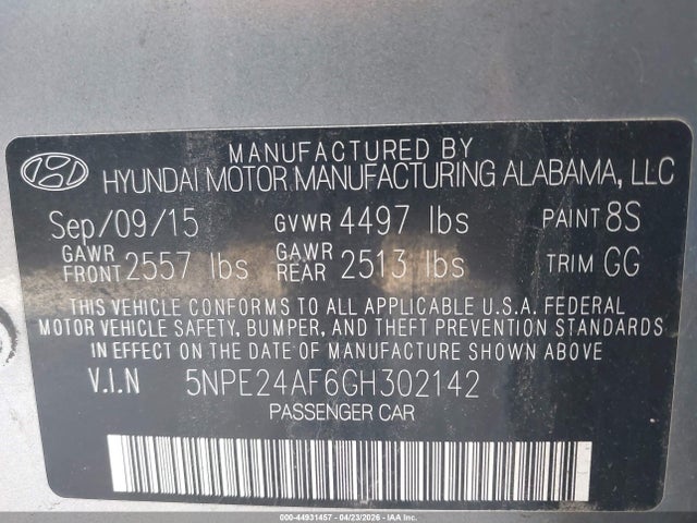 44931457 :رقم المزاد ، 5NPE24AF6GH302142 vin ، 2016 Hyundai Sonata Se مزاد بيع