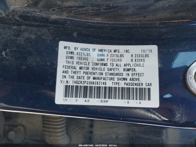 Honda ACCORD EX 2017 1HGCR2F00HA093146 Image 9