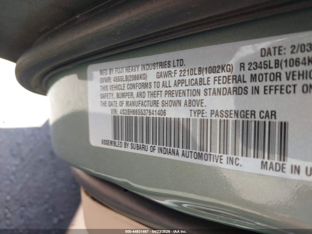 Aukcja sprzedaży 2003 Subaru Outback, vin: 4S3BH665537641406, numer aukcji: 44931467