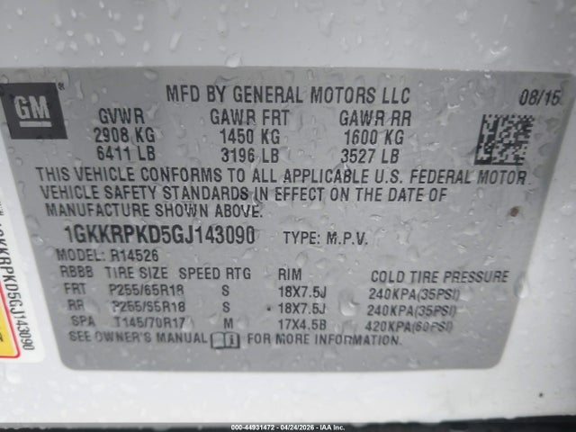 Aukcja sprzedaży 2016 Gmc Acadia Sle, vin: 1GKKRPKD5GJ143090, numer aukcji: 44931472