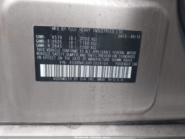 44931486 :رقم المزاد ، 4S3BNAC6XF3024104 vin ، 2015 Subaru Legacy 2.5i Premium مزاد بيع