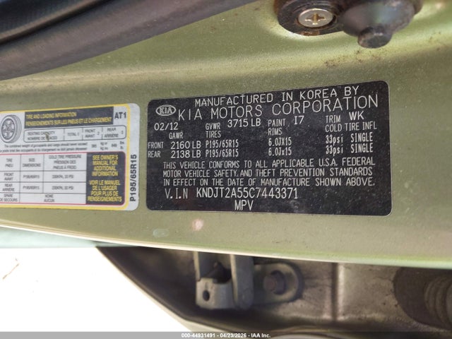 44931491 :رقم المزاد ، KNDJT2A55C7443371 vin ، 2012 Kia Soul مزاد بيع