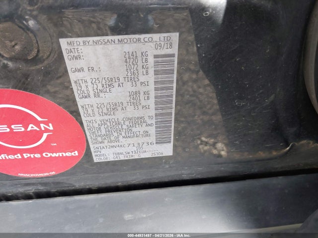 Продаж на аукціоні авто 2019 Nissan Rogue Sl, vin: 5N1AT2MV4KC713736, номер лоту: 44931497
