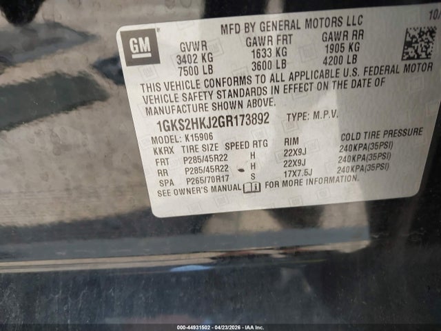 44931502 :رقم المزاد ، 1GKS2HKJ2GR173892 vin ، 2016 Gmc Yukon Xl Denali مزاد بيع