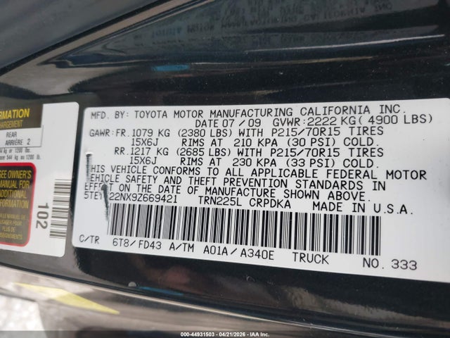 Auction sale of the 2009 Toyota Tacoma, vin: 5TETX22NX9Z669421, lot number: 44931503